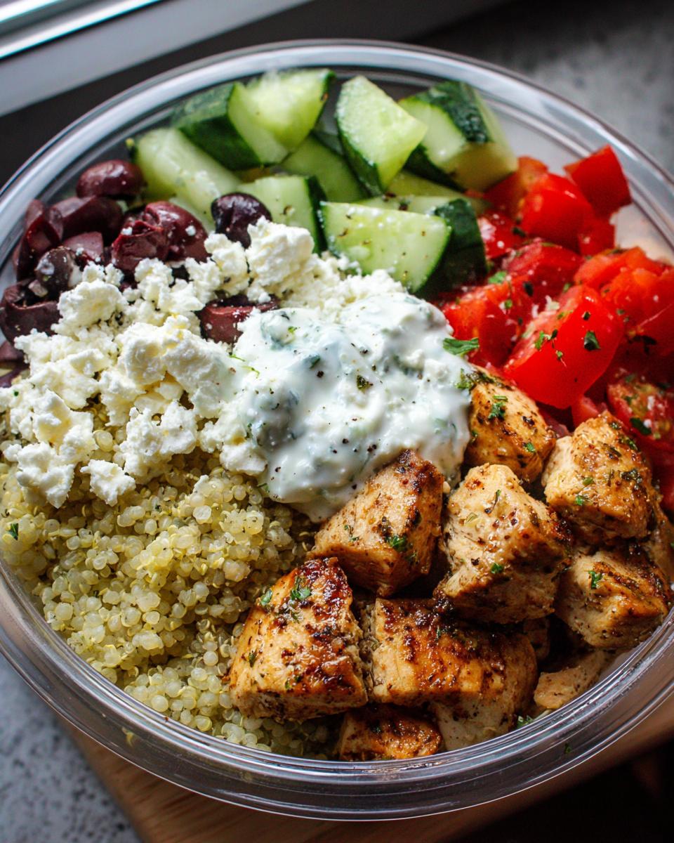Close-up of a Greek Chicken Bowl with quinoa, grilled chicken, cucumber, tomatoes, olives, feta, and tzatziki.