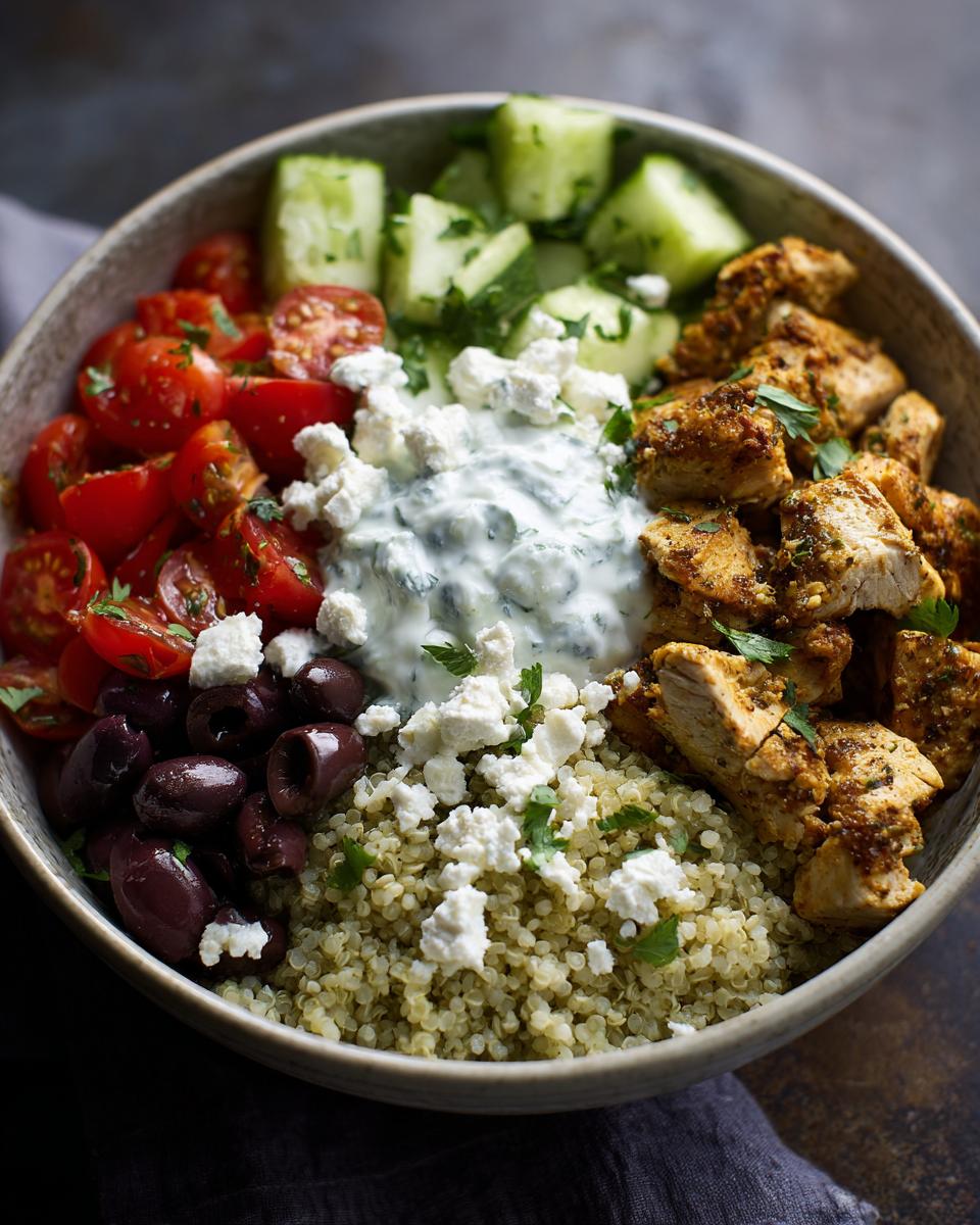 A vibrant Greek chicken bowl with quinoa, chicken, tomatoes, cucumbers, olives, feta, and tzatziki sauce.