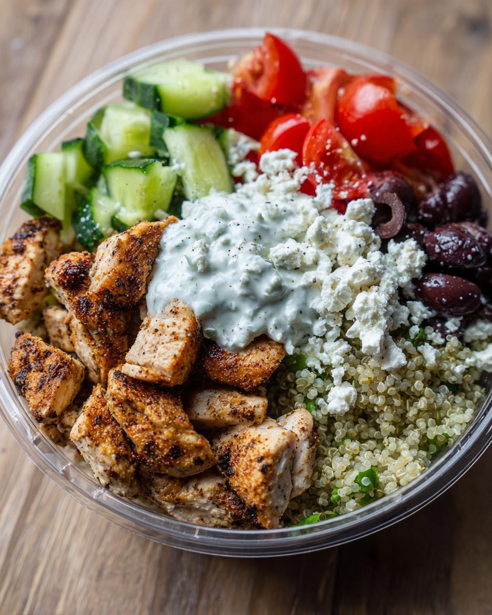 A clear bowl filled with healthy Greek chicken bowl ingredients: grilled chicken, quinoa, cucumber, tomatoes, olives, feta, and tzatziki sauce.