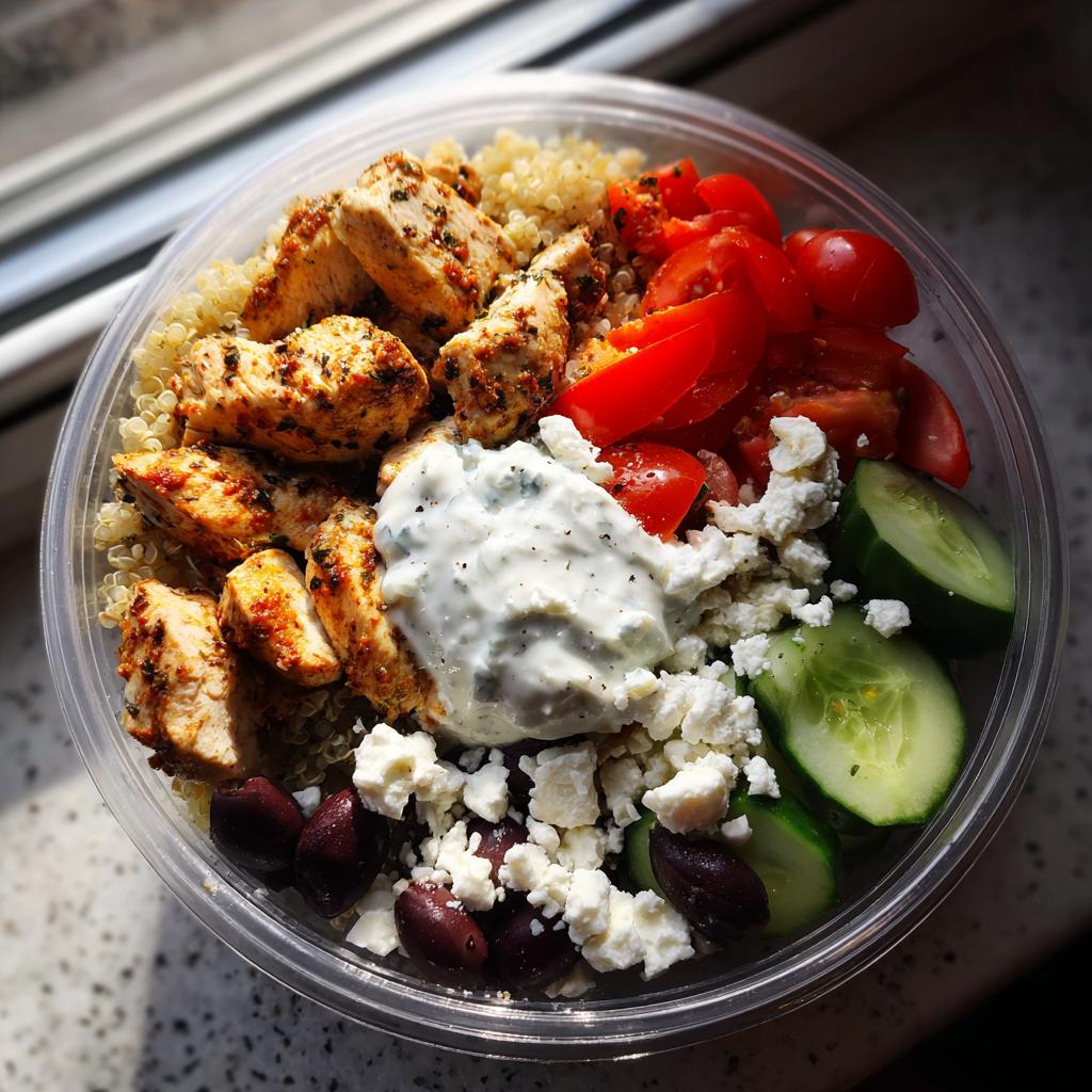 A healthy Greek chicken bowl with quinoa, grilled chicken, tomatoes, cucumbers, feta cheese, olives, and tzatziki sauce.