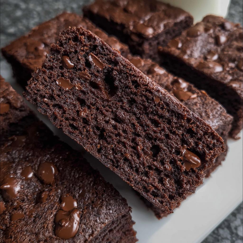 Close-up of moist Greek Yogurt Brownies, showcasing rich chocolate flavor and melted chocolate chips.