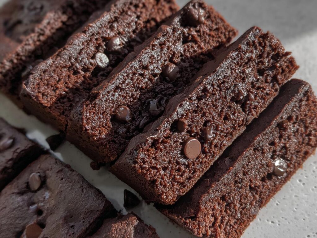 Close-up of sliced Greek Yogurt Brownies, showing rich chocolate texture and embedded chocolate chips.