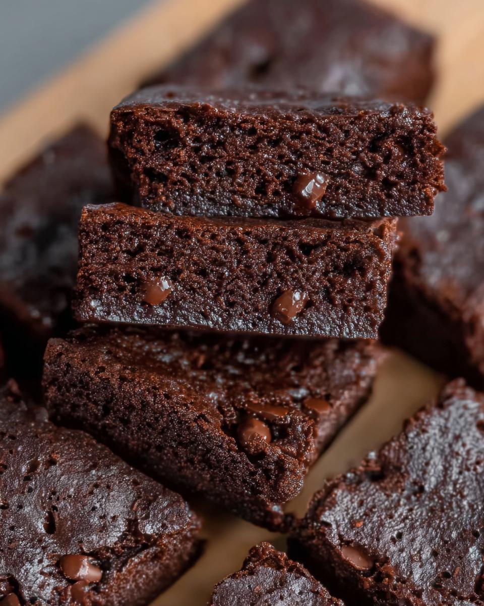 Close-up of stacked Greek Yogurt Brownies, showing their rich chocolate color and visible chocolate chips.