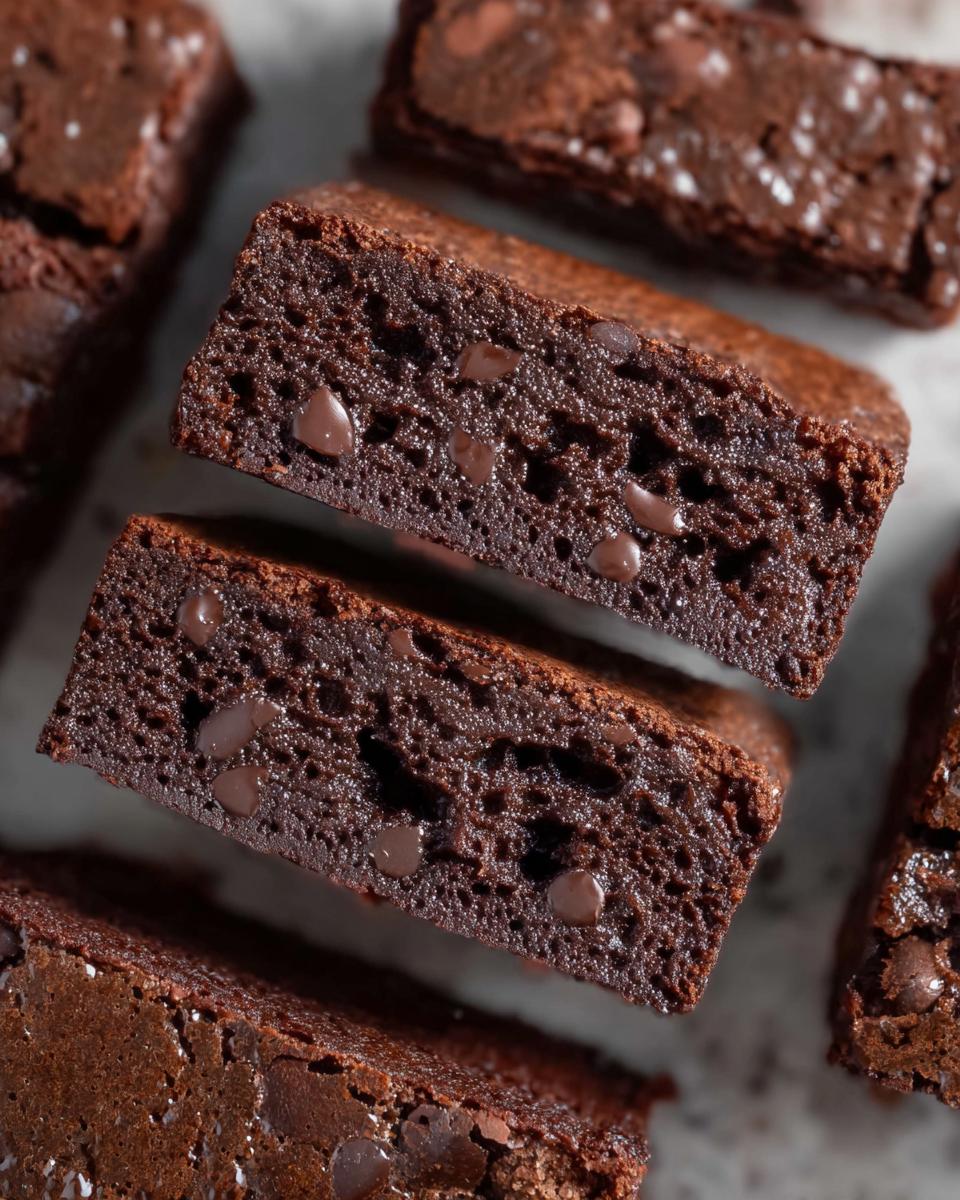 Close-up of moist Greek Yogurt Brownies loaded with chocolate chips, showcasing their rich texture.