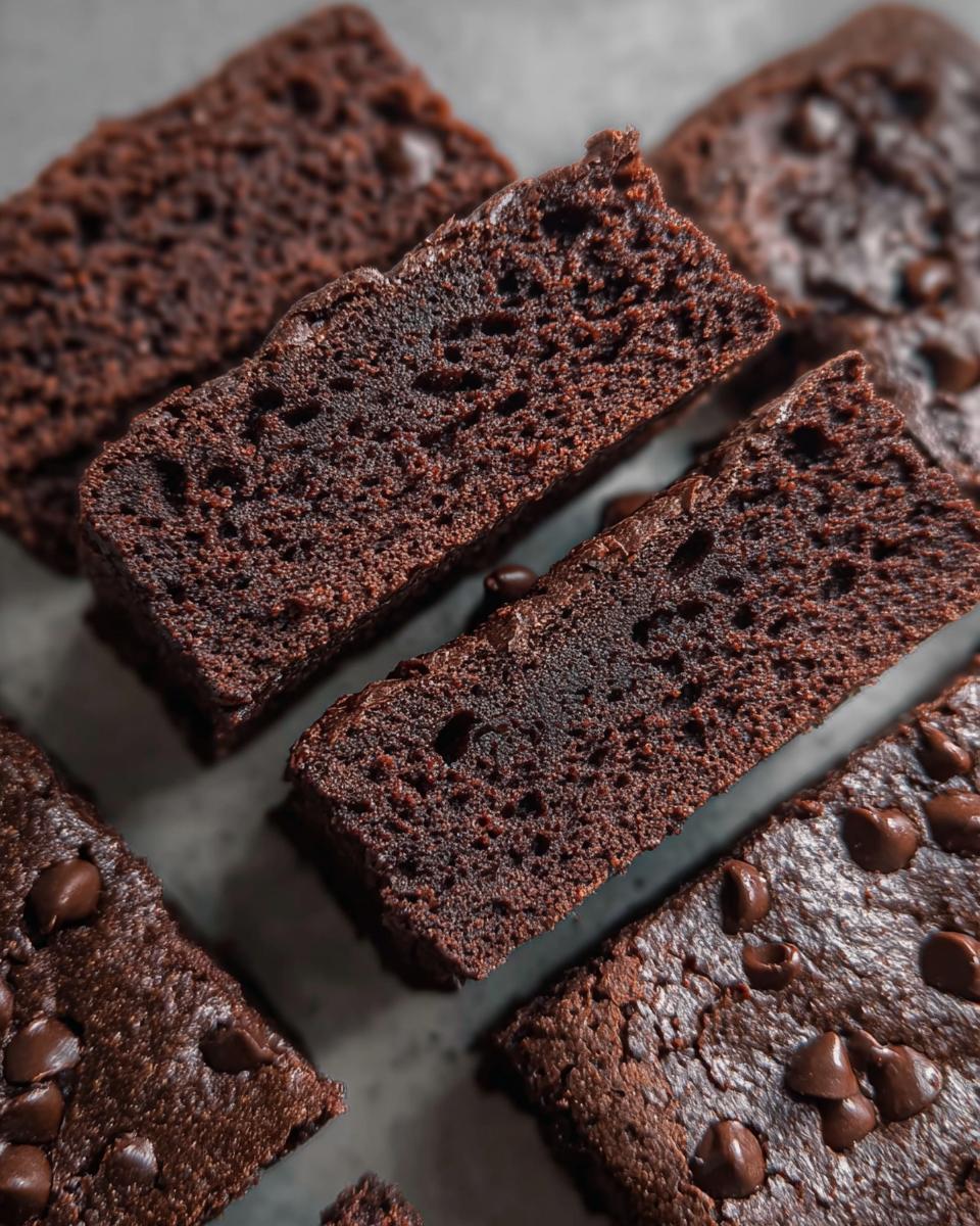 Close-up of rich chocolate Greek Yogurt Brownies, some topped with melty chocolate chips.