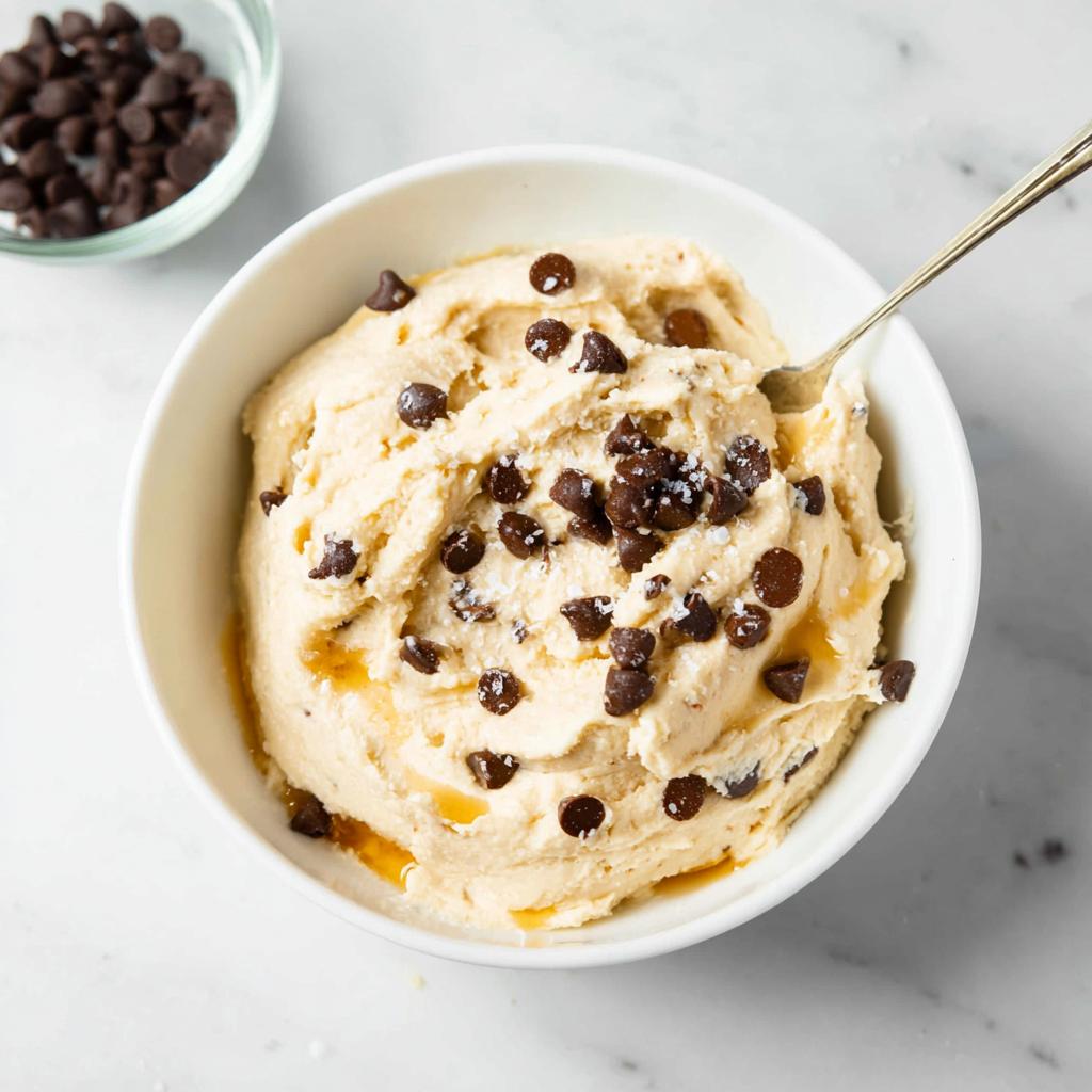 A bowl of delicious Greek Yogurt Cookie Dough topped with chocolate chips and a drizzle of honey.