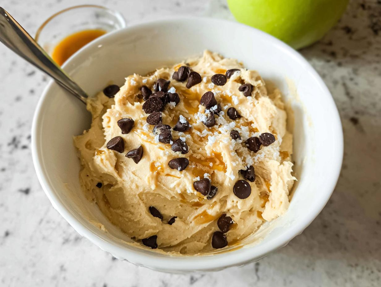 A bowl of Greek Yogurt Cookie Dough topped with chocolate chips and a caramel drizzle.
