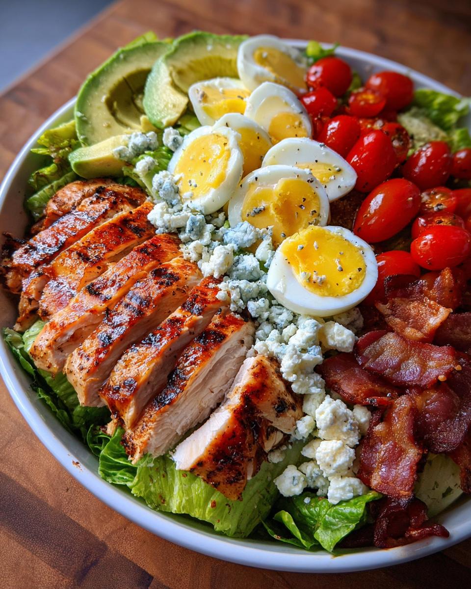 A vibrant grilled chicken Cobb bowl salad with avocado, hard-boiled eggs, tomatoes, bacon, and blue cheese.