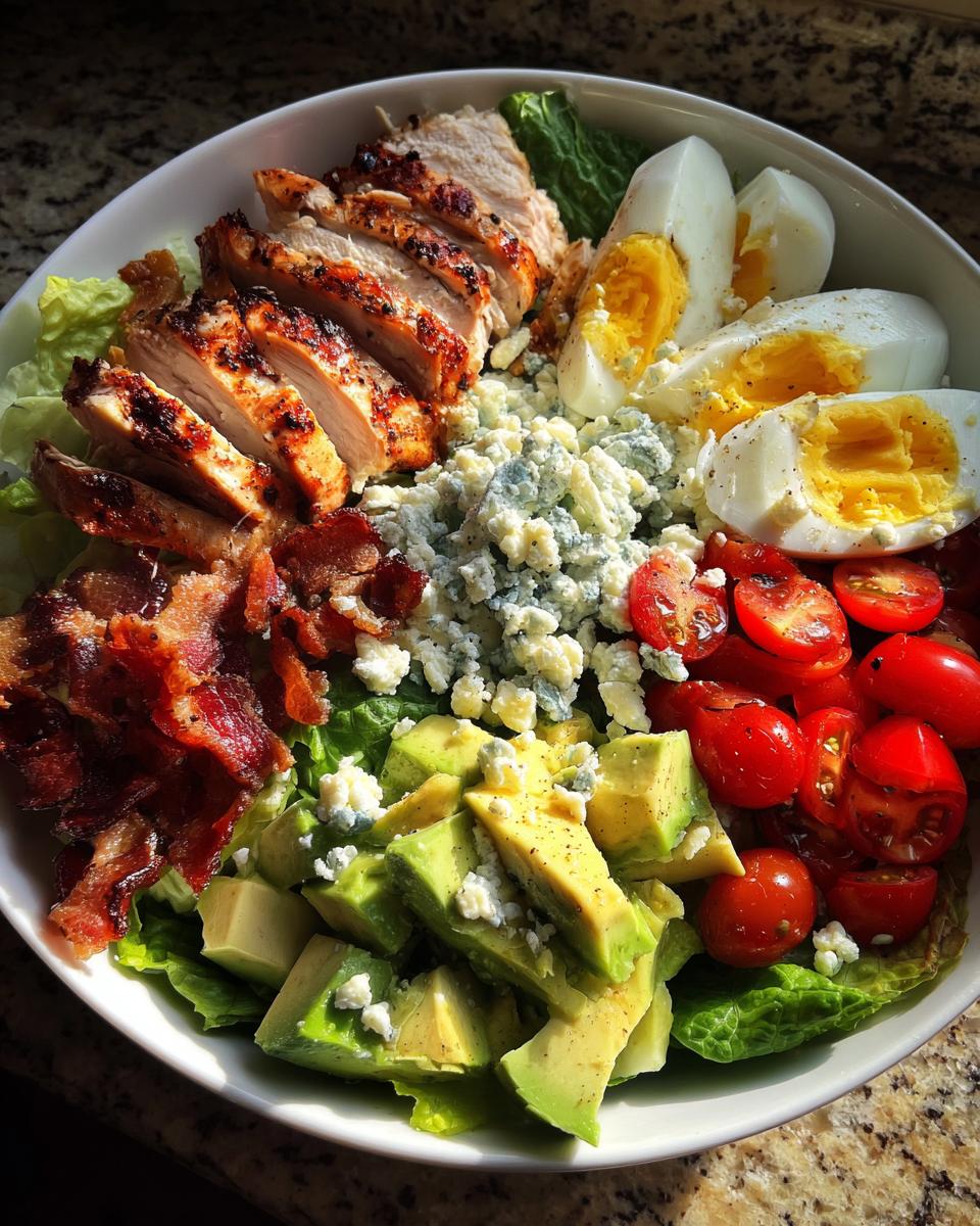 A vibrant Grilled Chicken Cobb Bowl Salad with sliced grilled chicken, avocado, bacon, hard-boiled eggs, tomatoes, and blue cheese.