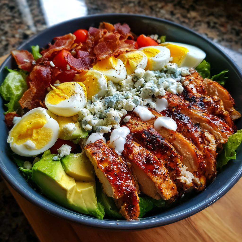 A delicious Grilled Chicken Cobb Bowl with lettuce, avocado, bacon, eggs, blue cheese, and tomatoes.