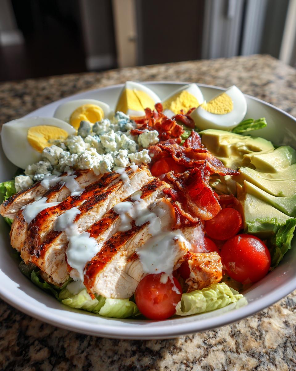 A vibrant Grilled Chicken Cobb Salad Bowl with sliced chicken, avocado, bacon, hard-boiled eggs, and tomatoes.