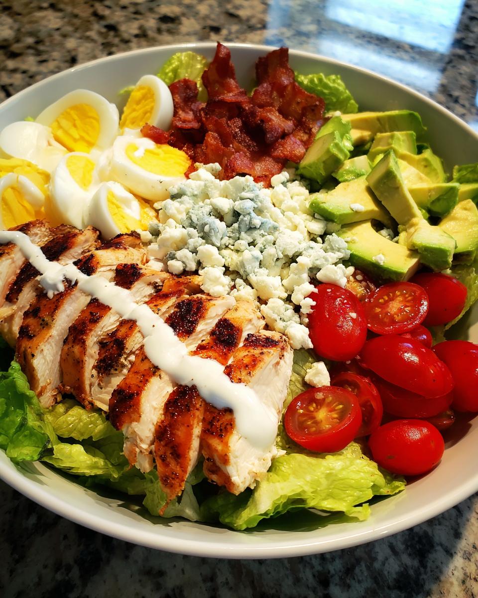 A colorful and hearty grilled chicken Cobb salad bowl with lettuce, sliced chicken, bacon, avocado, eggs, tomatoes, and blue cheese.