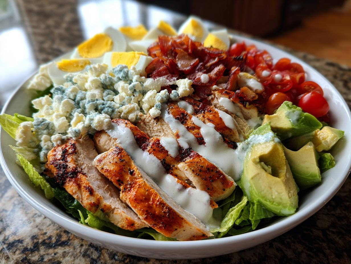 A vibrant Grilled Chicken Cobb Salad with avocado, bacon, blue cheese, hard-boiled eggs, and tomatoes.
