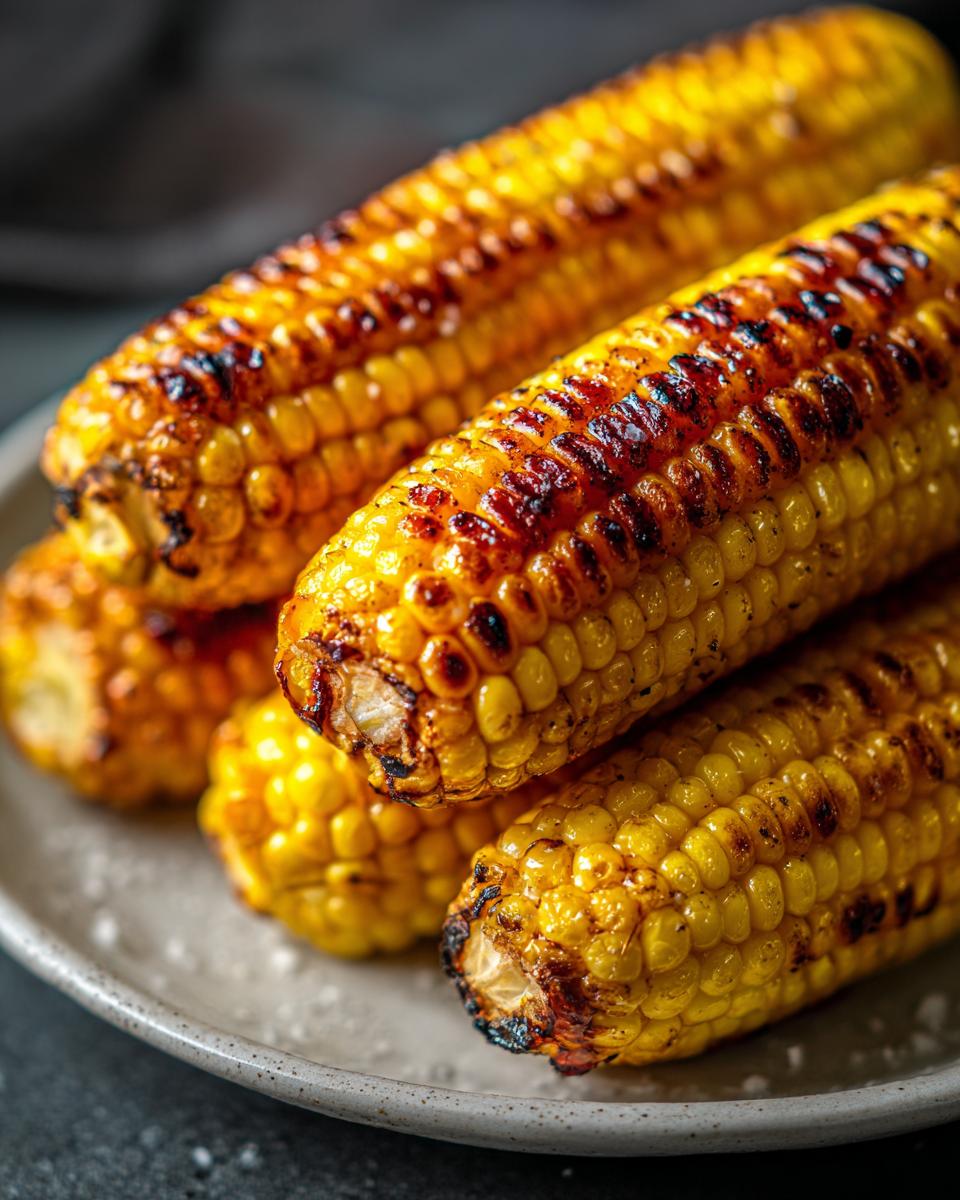 Close-up of perfectly grilled corn on the cob with char marks, served on a plate.