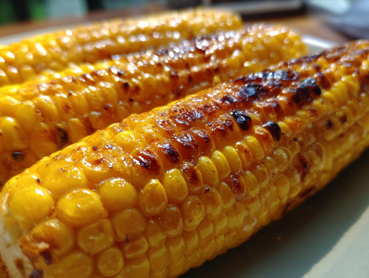 Close-up of perfectly grilled corn on the cob, showcasing charred kernels and a glossy glaze. Part of our grilling recipes.