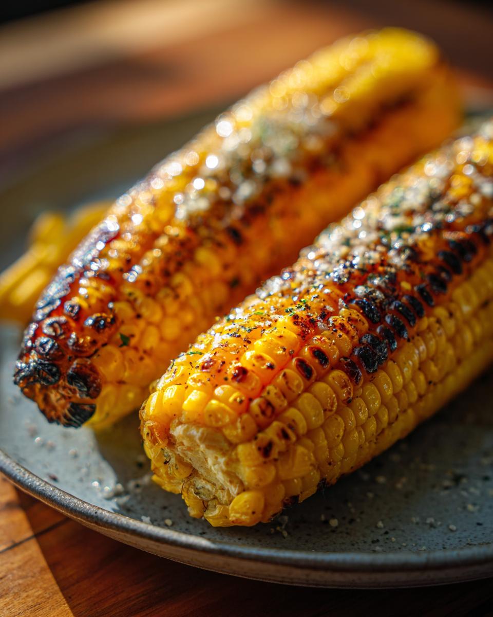Close-up of two grilled corn on the cob ears, seasoned with herbs and spices, on a plate.