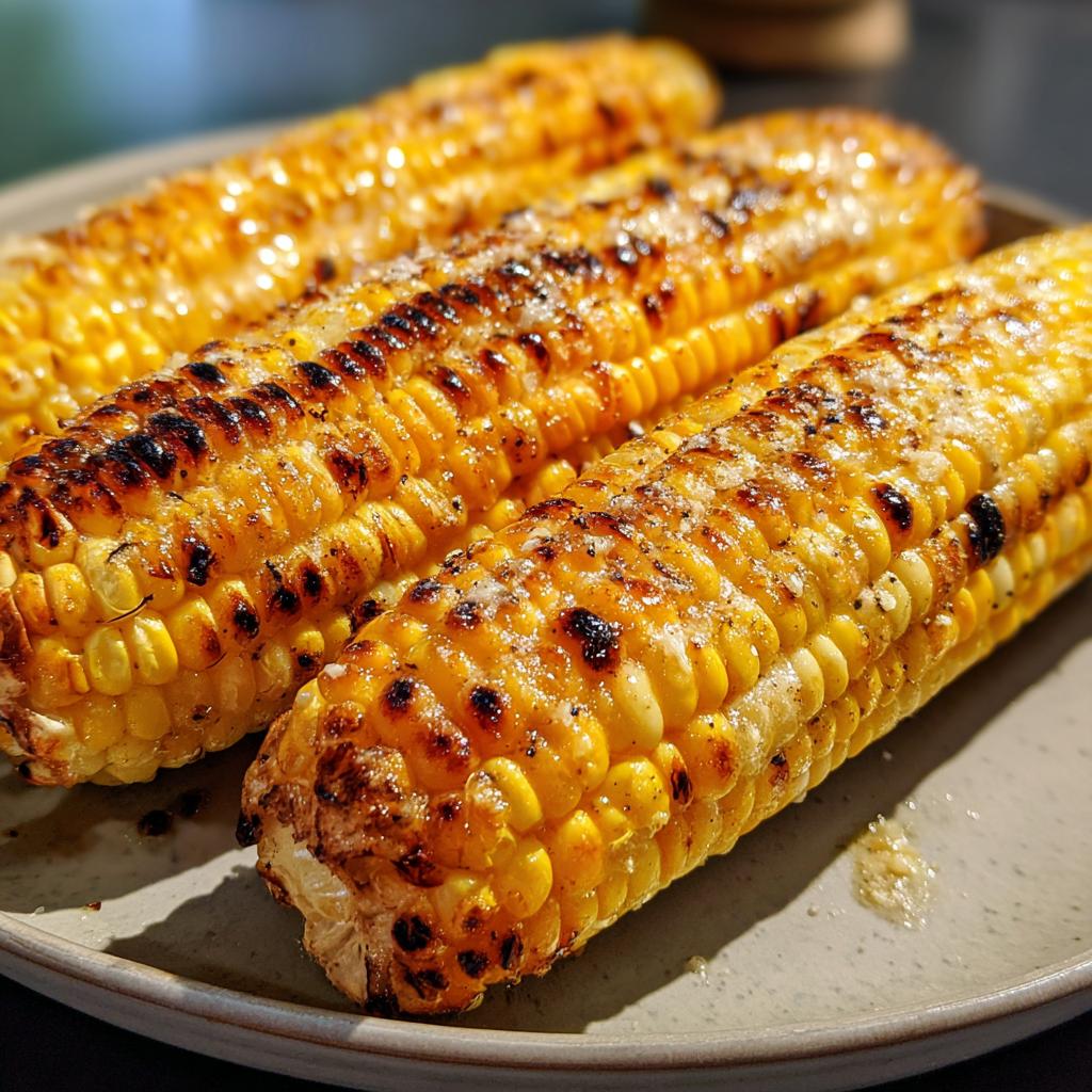 Close-up of three ears of grilled corn on the cob, seasoned with salt and pepper.