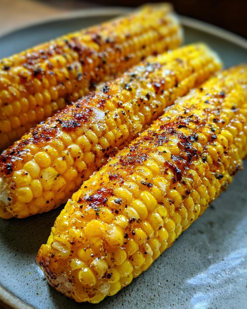 Close-up of three ears of grilled corn on the cob, seasoned with spices, on a plate. Grilling recipes that make corn on the cob taste better.