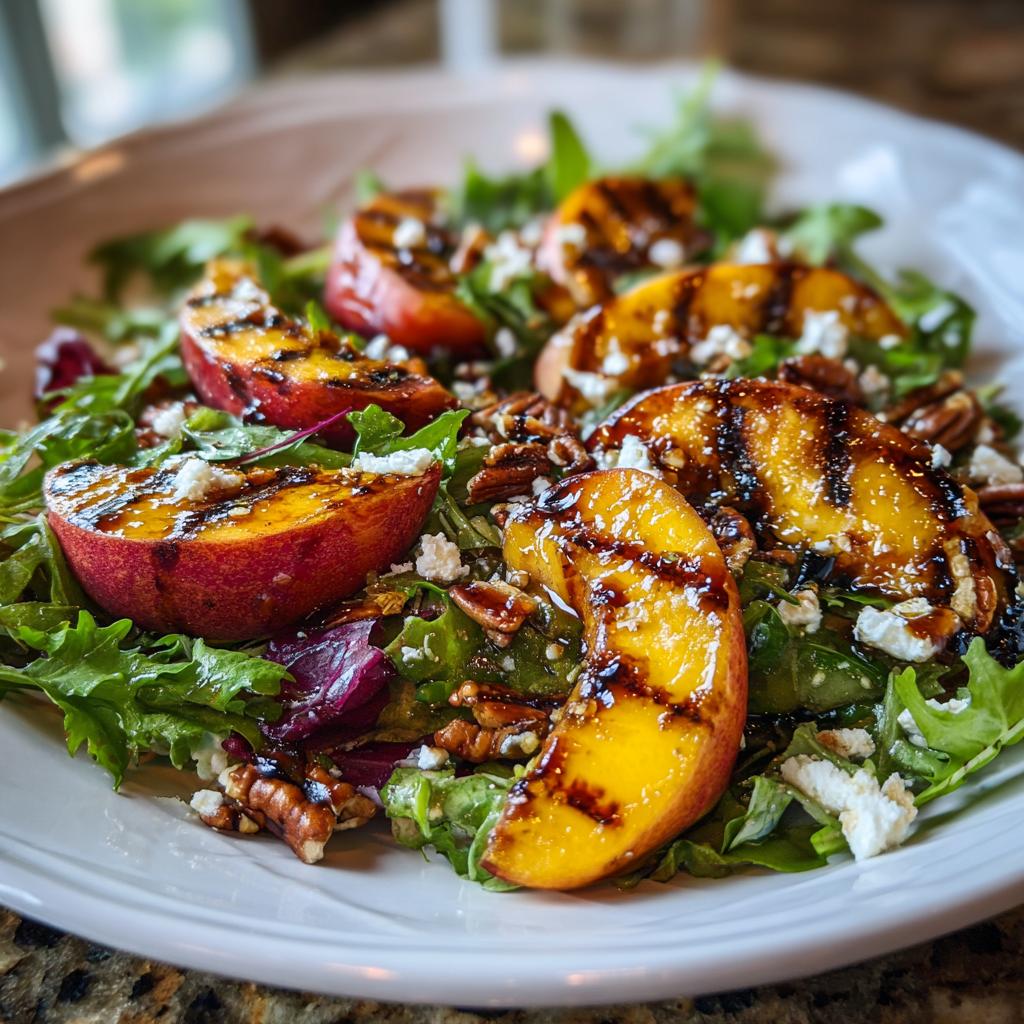A refreshing grilled peach salad with greens, crumbled cheese, pecans, and a drizzle of honey dressing.