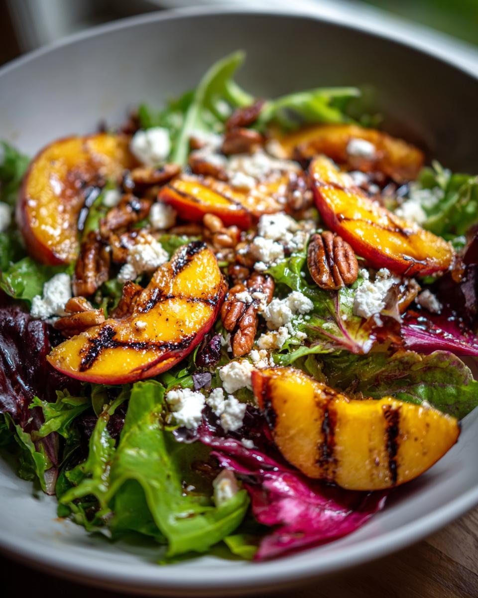 Close-up of a vibrant grilled peach salad with crumbled feta cheese, pecans, and a drizzle of honey dressing.