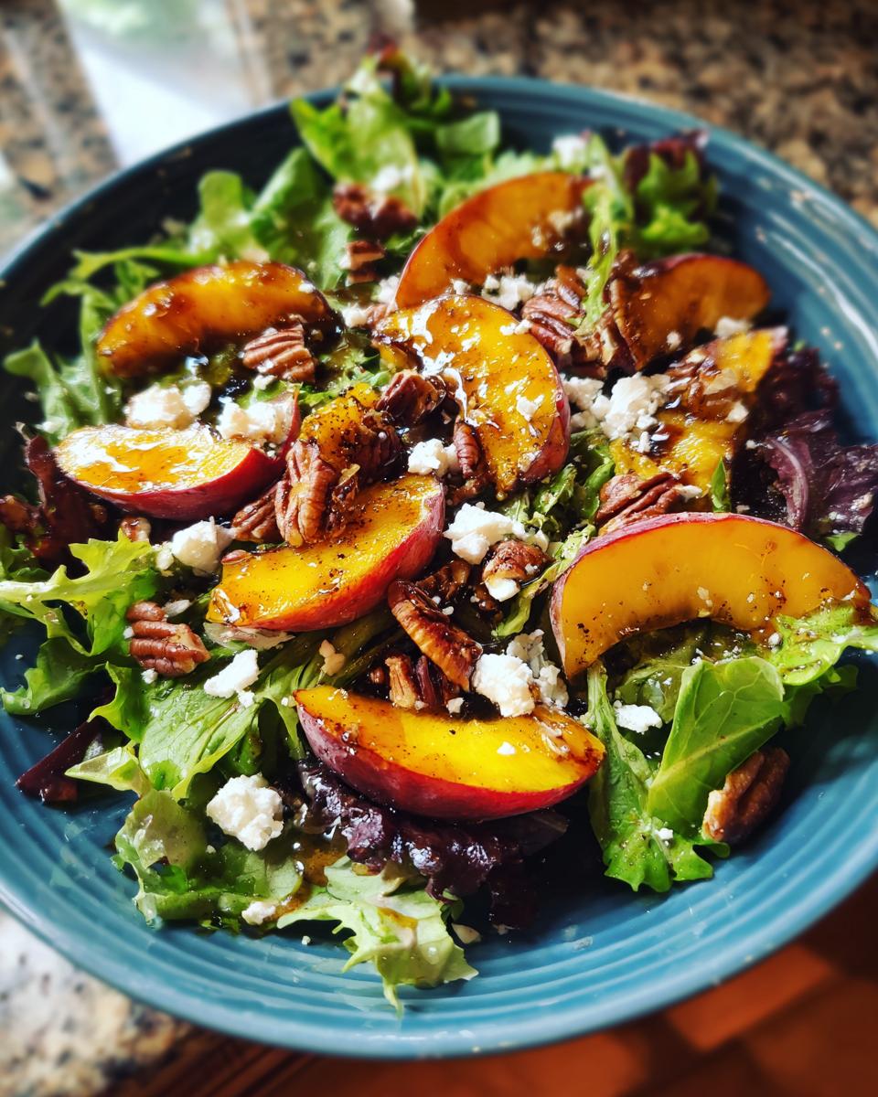 Close-up of a vibrant grilled peach salad with mixed greens, crumbled feta cheese, pecans, and a honey dressing.