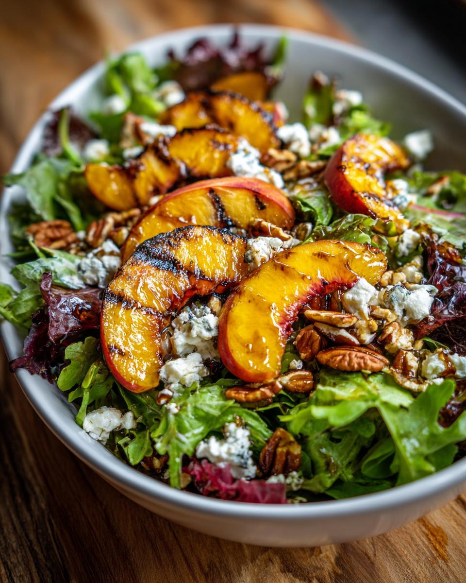 Close-up of a vibrant grilled peach salad with mixed greens, crumbled blue cheese, pecans, and a drizzle of honey dressing.