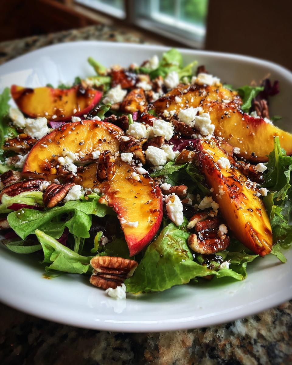 A vibrant grilled peach salad with feta cheese, pecans, and a honey dressing.