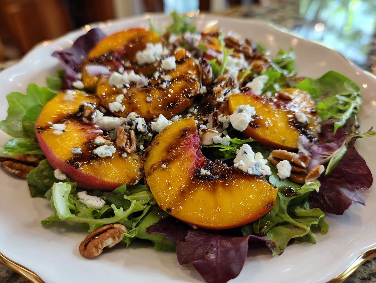 Close-up of a grilled peach salad with crumbled blue cheese, pecans, and a honey dressing.