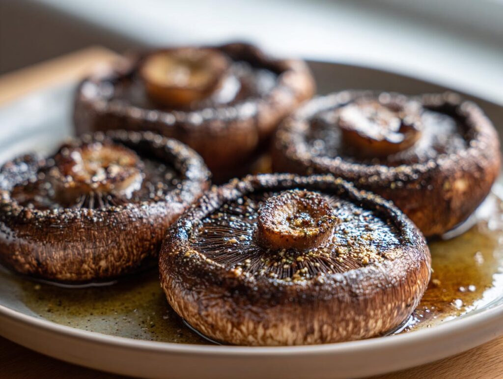 Close-up of four grilled portobello mushrooms on a plate, seasoned and glistening with juices. Perfect for grilling recipes.