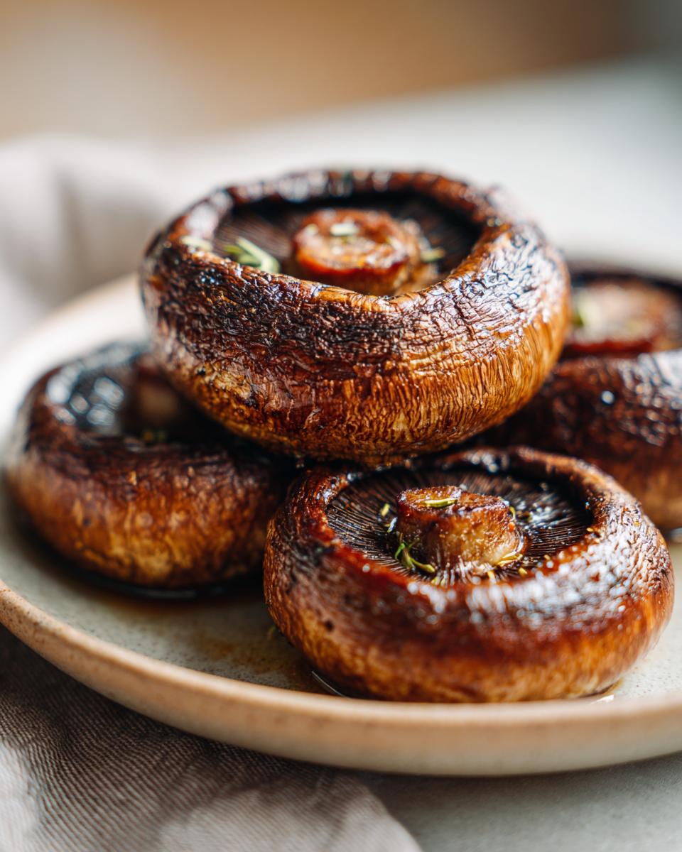A close-up of grilled portobello mushrooms, seasoned with fresh herbs, ready for an easy outdoor meal.