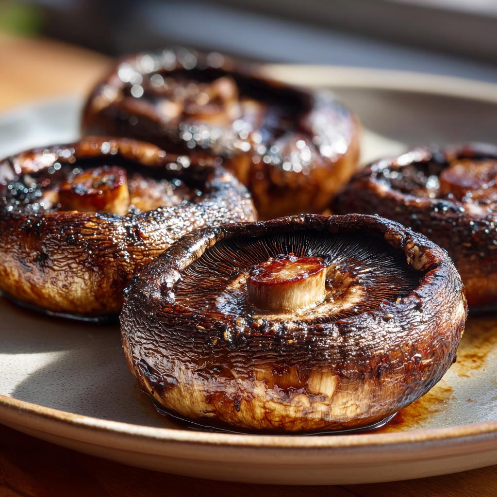 Close-up of four perfectly grilled portobello mushrooms on a plate, showcasing their rich, caramelized texture.