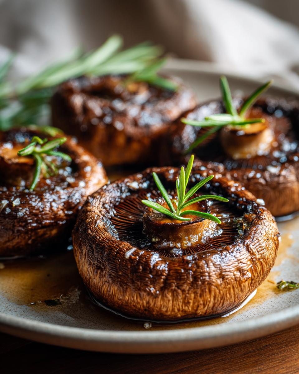 Close-up of four grilled portobello mushrooms, seasoned and garnished with fresh rosemary sprigs.