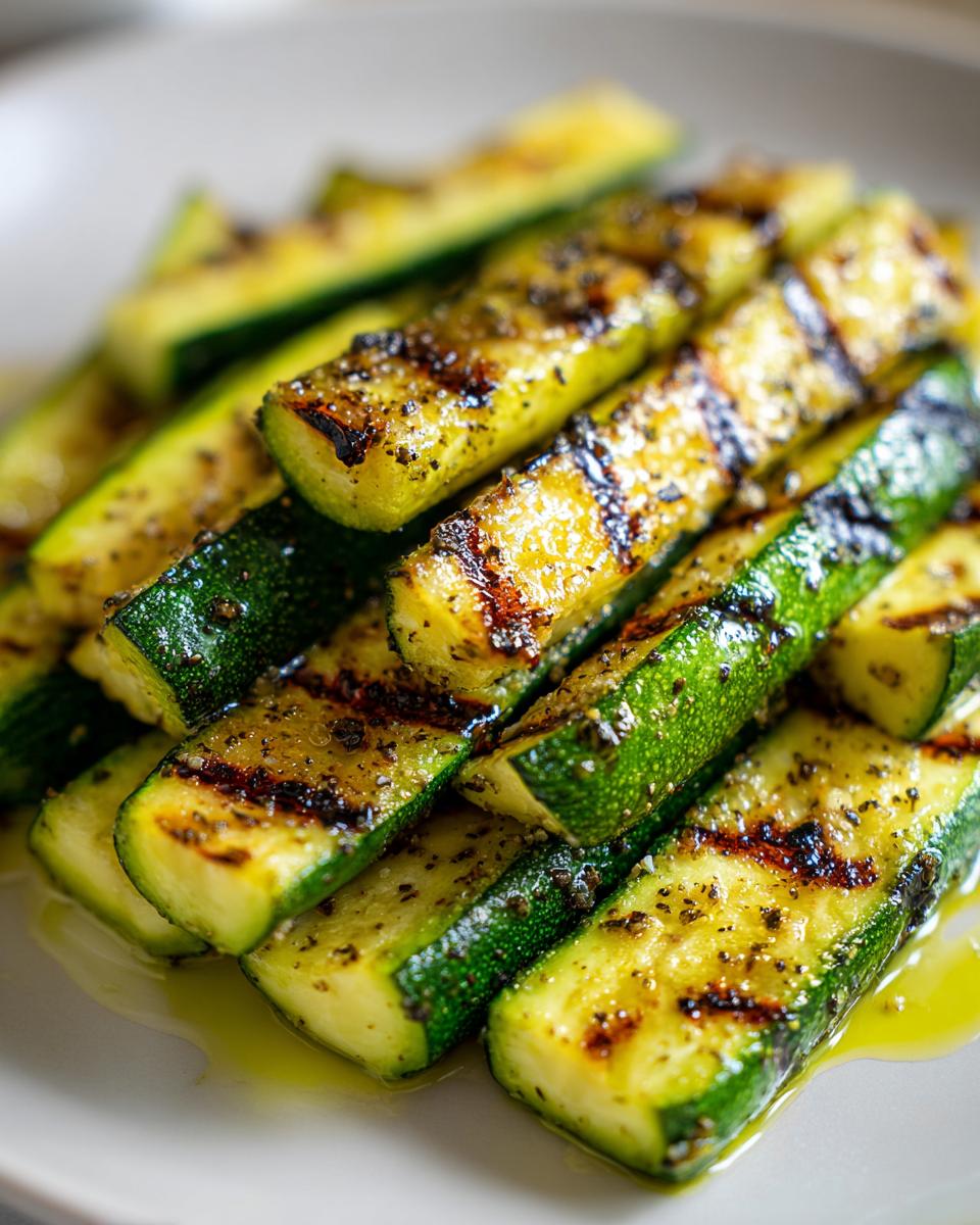 A close-up of grilled zucchini sticks seasoned with herbs and spices, glistening with olive oil.