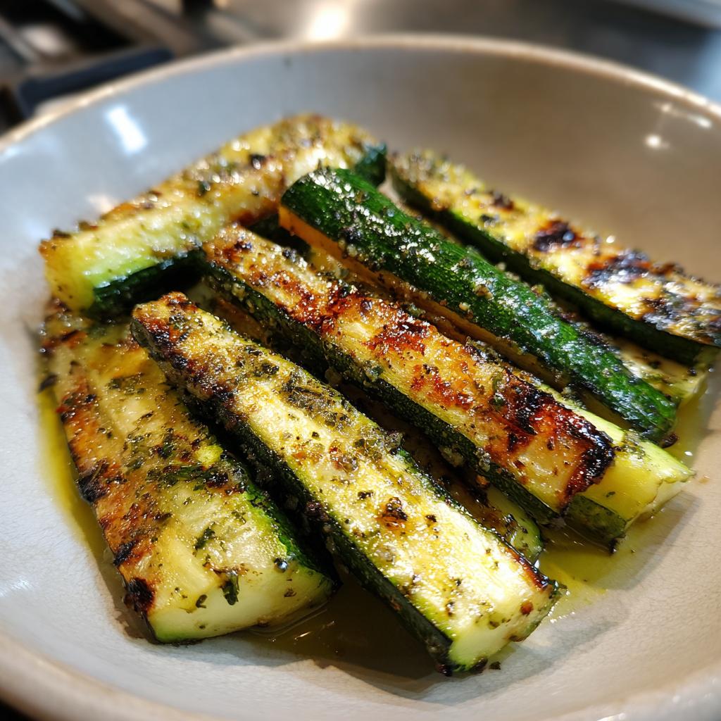 Close-up of perfectly grilled zucchini sticks seasoned with herbs and oil, a delicious side dish.