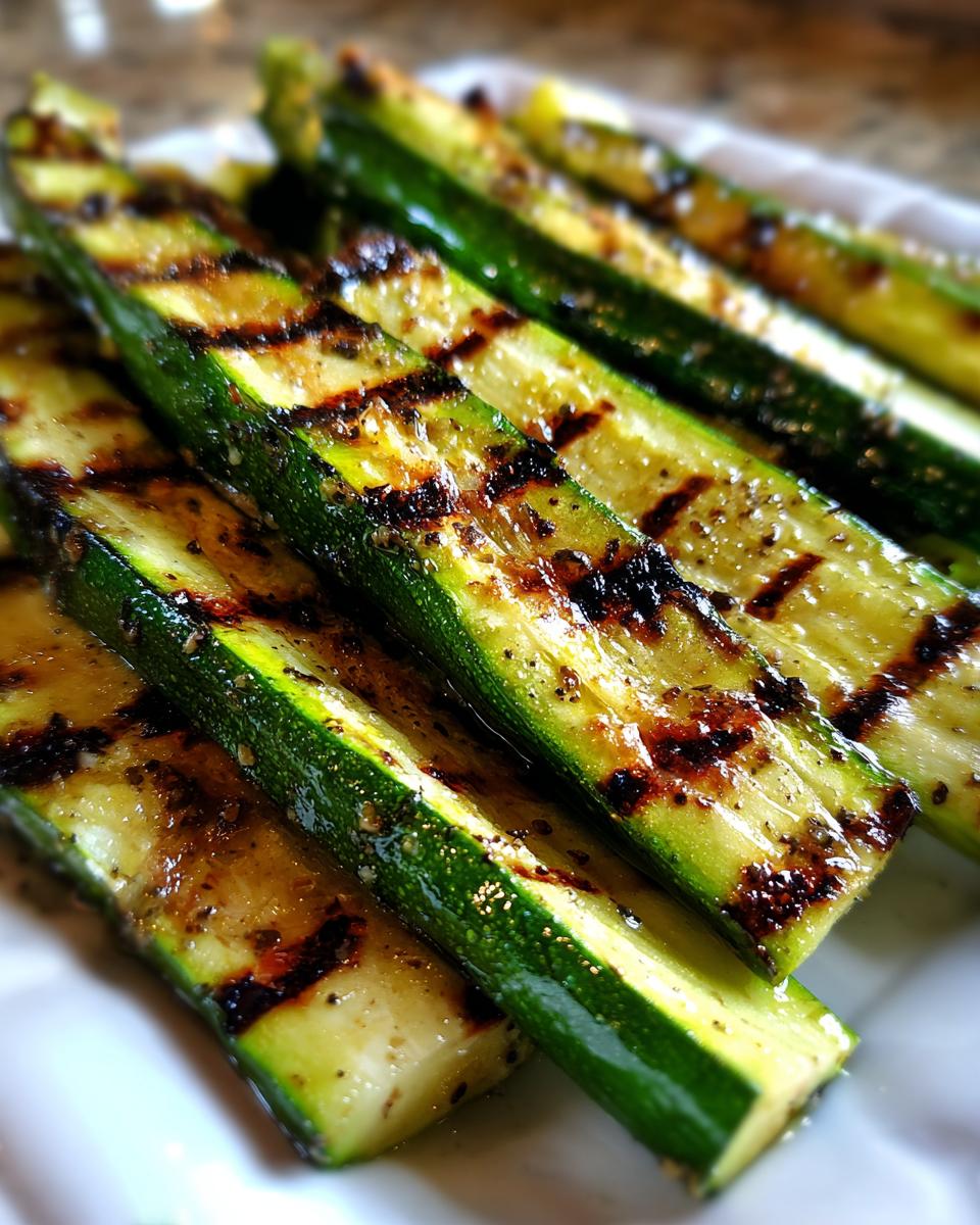 Close-up of perfectly grilled zucchini slices with char marks, seasoned and glistening, showcasing one of the best grilling recipes.