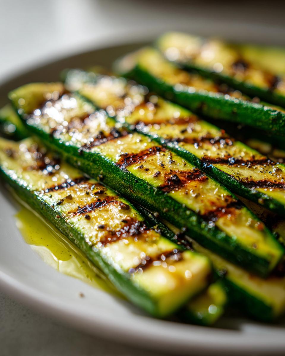 Close-up of grilled zucchini slices seasoned with pepper and drizzled with olive oil, showcasing grill marks.