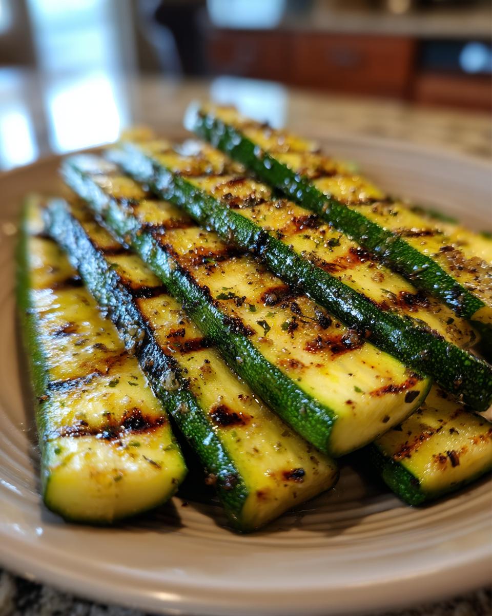Close-up of perfectly grilled zucchini slices with char marks and herbs, a delicious side dish.
