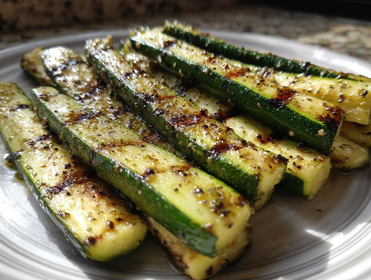 Close-up of grilled zucchini slices seasoned with herbs and spices, showcasing grill marks.