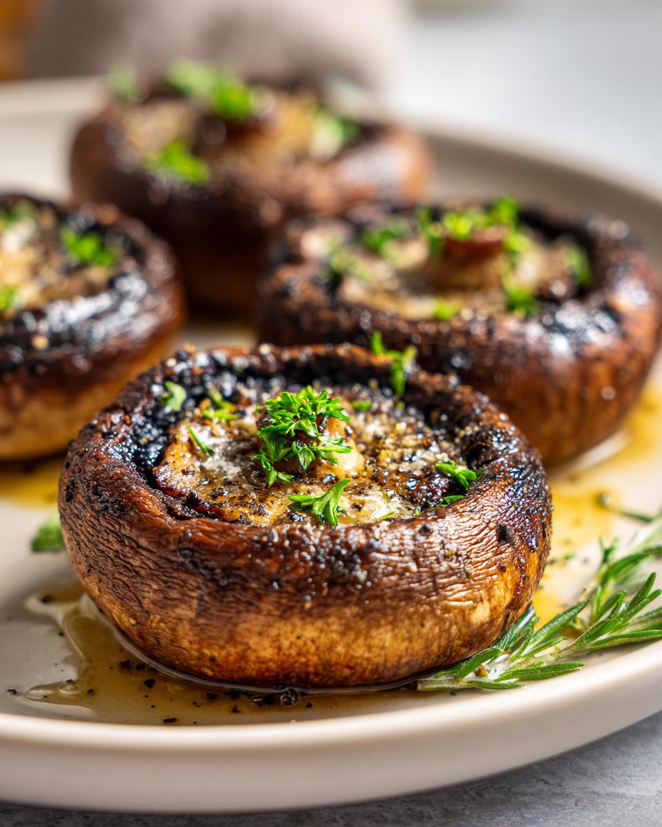 Close-up of four grilled portobello mushrooms, stuffed and garnished with fresh parsley, as part of grilling recipes with portobello mushrooms.