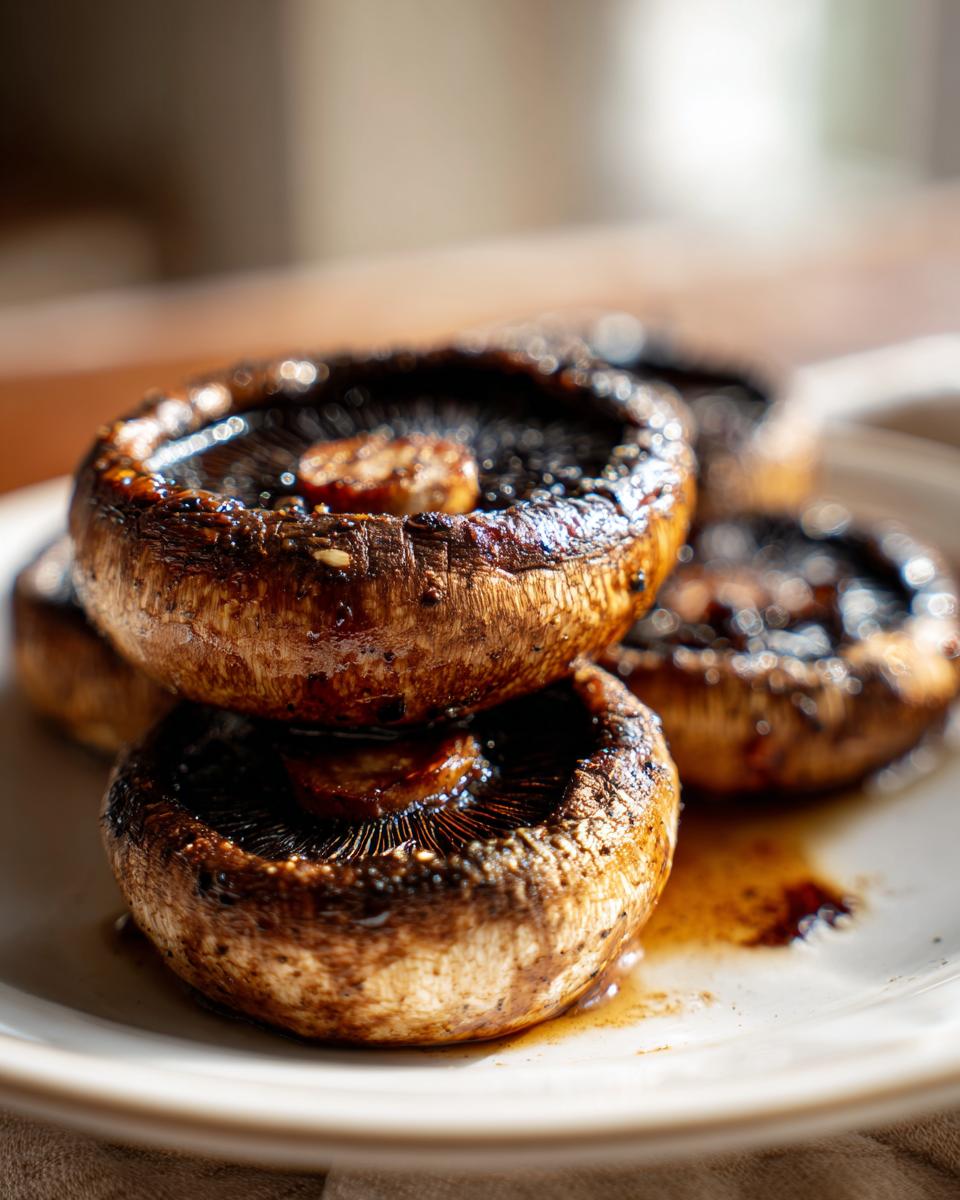 Close-up of grilled portobello mushrooms stacked on a plate, glistening with marinade, perfect for grilling recipes.