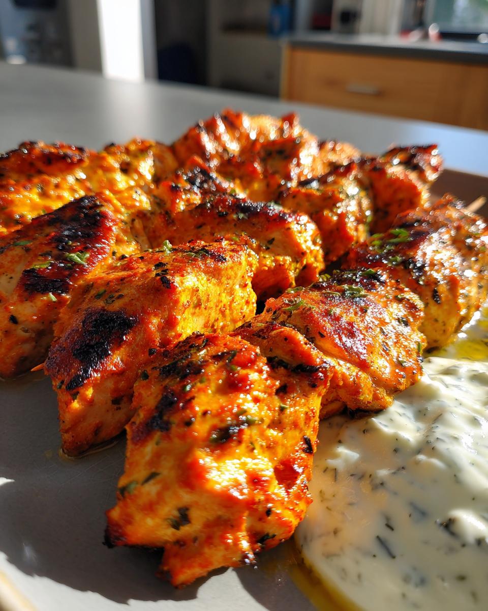Close-up of perfectly grilled smoky chicken skewers with a side of creamy garlic yogurt dip.