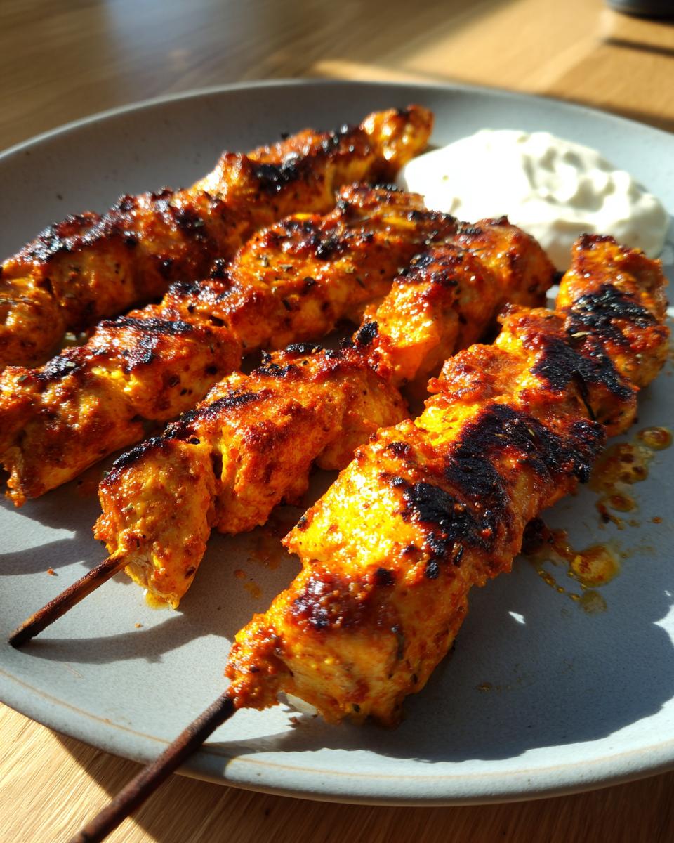 Close-up of smoky chicken skewers with a side of garlic yogurt dip, perfect for grilling recipes.