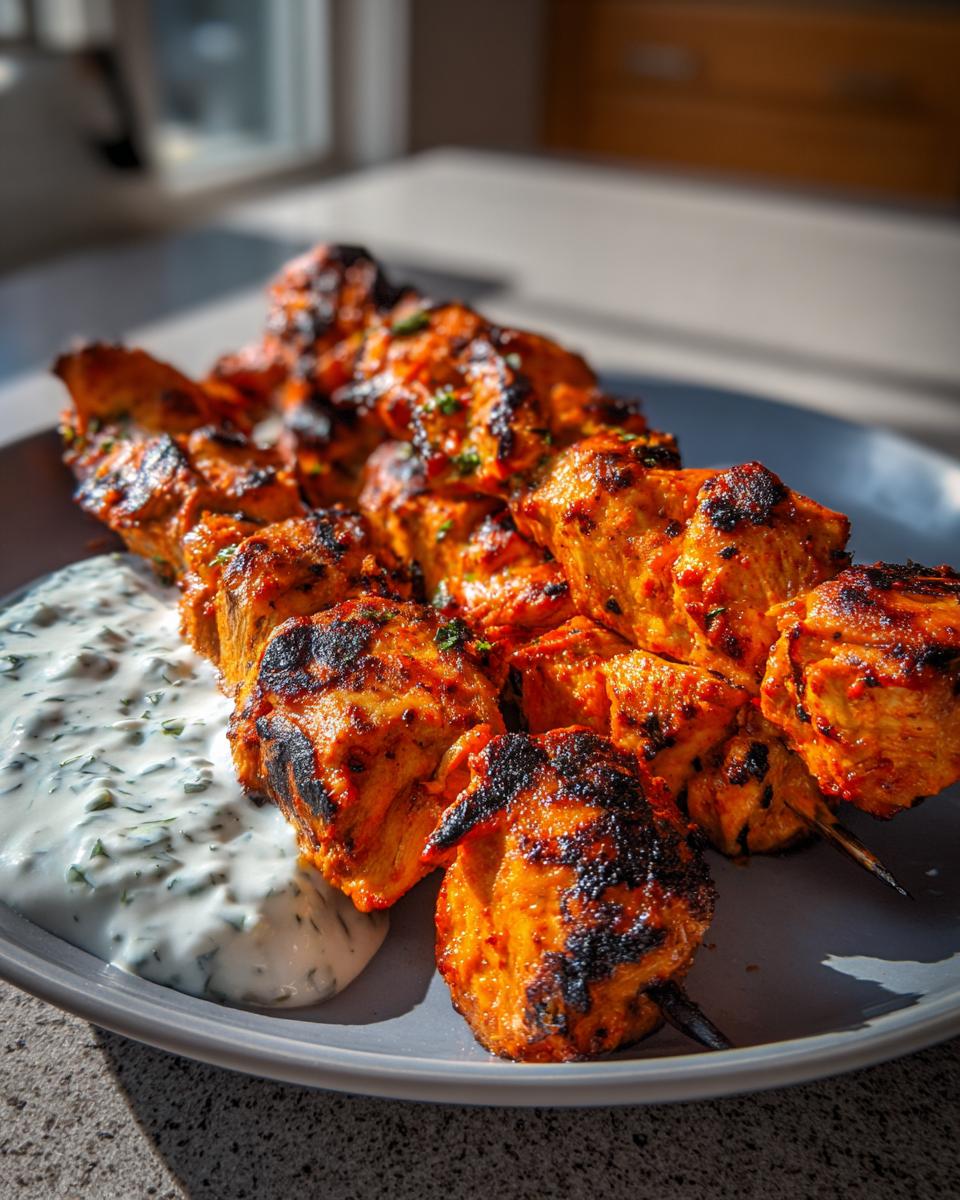 Close-up of perfectly grilled smoky chicken skewers served with creamy garlic yogurt sauce.