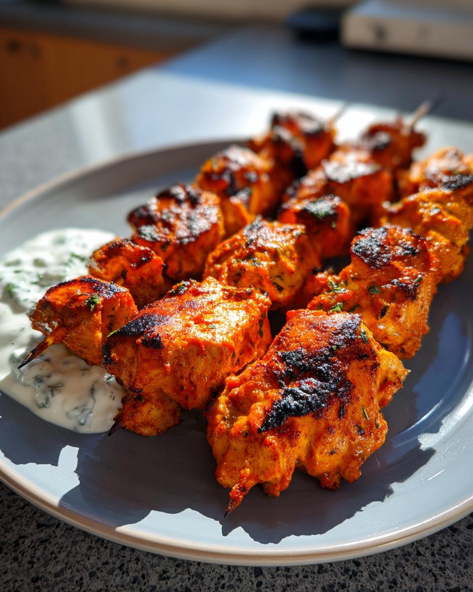Close-up of grilled smoky chicken skewers served with a side of creamy garlic yogurt sauce.