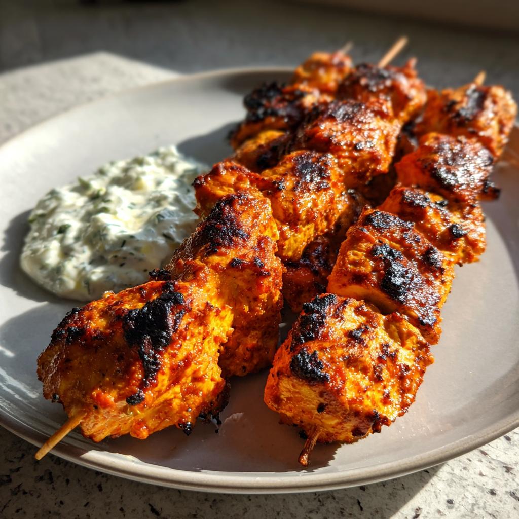 Close-up of grilled chicken skewers with a side of garlic yogurt dip, featuring smoky char marks.