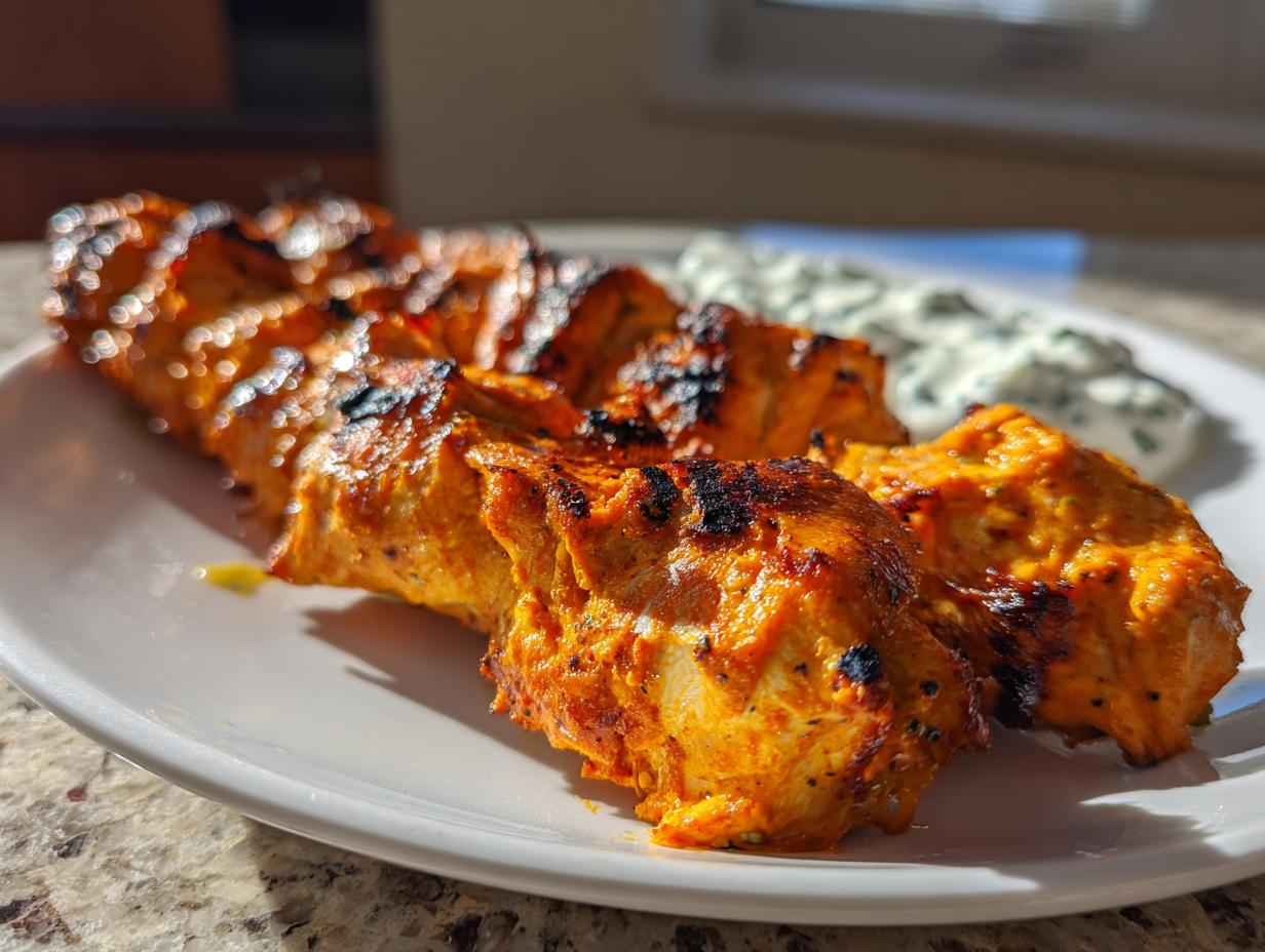 Close-up of perfectly grilled smoky chicken skewers served with a side of creamy garlic yogurt dip.