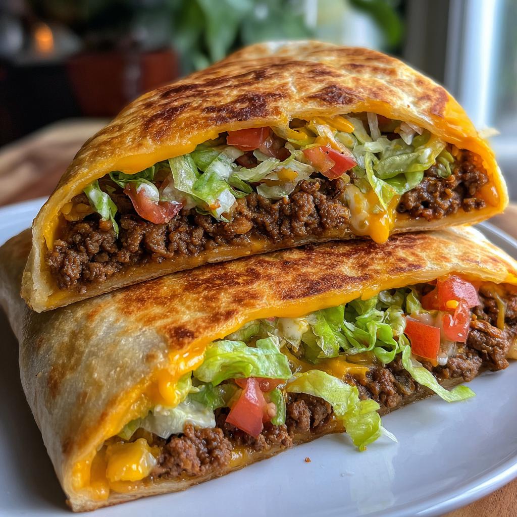 A delicious homemade ground beef crunchwrap, cut in half, revealing seasoned ground beef, melted cheese, lettuce, and tomatoes.