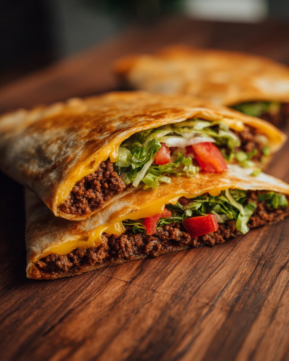 A delicious homemade crunchwrap made with ground beef, cheese, lettuce, and tomatoes, cut in half to show the filling.