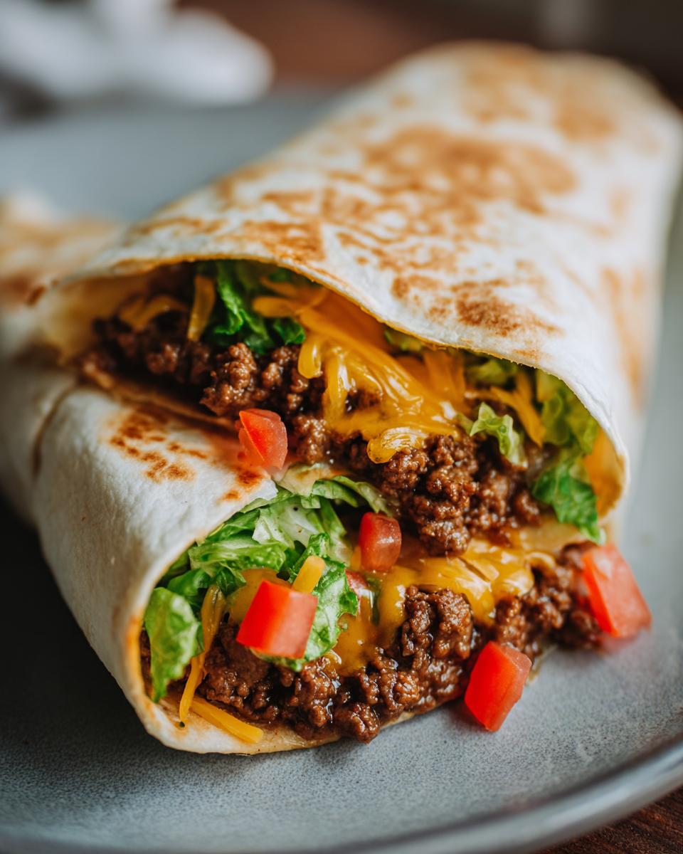 Close-up of a homemade ground beef crunchwrap filled with seasoned ground beef, shredded lettuce, melted cheese, and diced tomatoes.