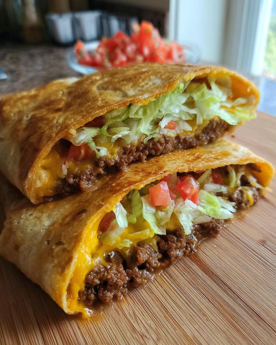 A close-up of a homemade ground beef crunchwrap, cut in half, showing layers of seasoned ground beef, melted cheese, shredded lettuce, and diced tomatoes.
